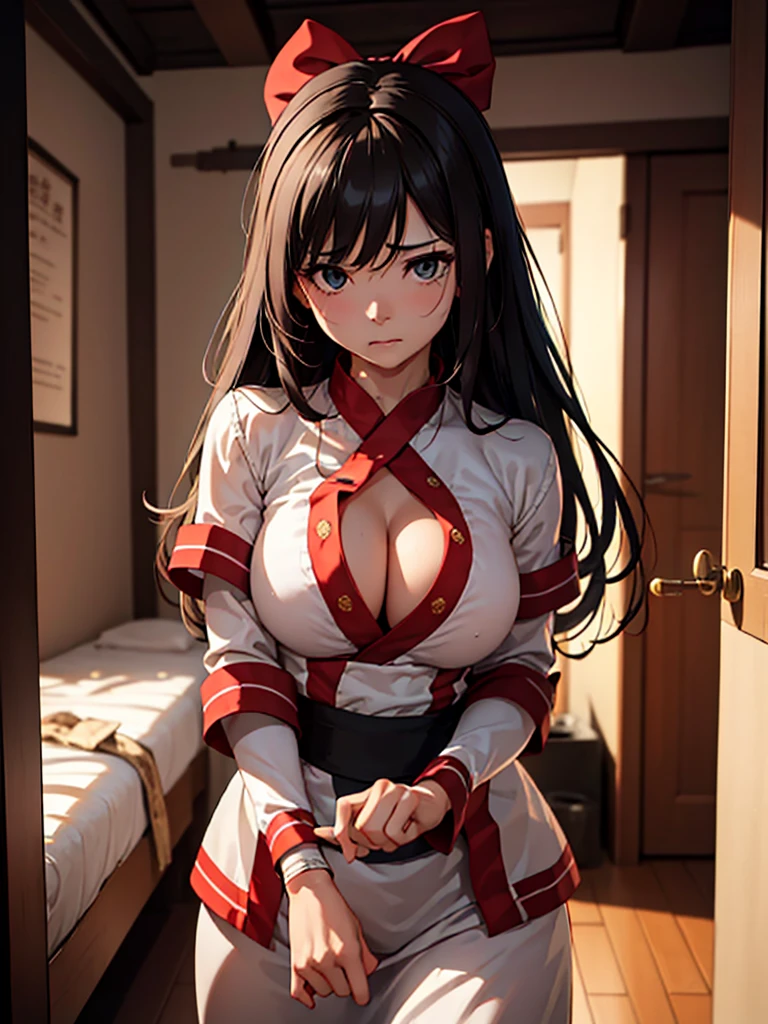 (​masterpiece、top-quality、hight resolution、Unity 8k、extremely details CG:1,Best Picture), A woman who reluctantly accept prostitution. Her face shows a mixture of resignation and discomfort. There is a sense of defeat in her eyes, her mouth is tightly shut and she seems to be stifling her inner feelings. Her posture shows her unwillingness. This is a situation where she reluctantly accepts her job as a prostitute. The film captures her complex emotions, and portrays her inner conflict and realisation of the path she is forced to take from a perspective that emphasises her inner conflict and realisation. dirty talk, bouncing breasts, metal cuffs, chained, red ribbon, hair band