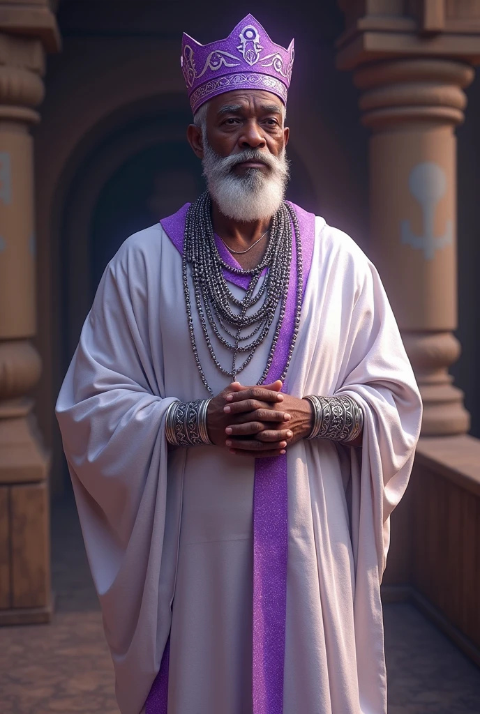 Obbatala Elder African gentleman dressed in a white tunic and purple sparkles with African necklaces and a purple crown with silver bracelets