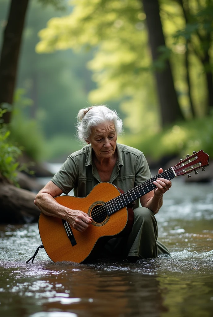 (best quality, masterpiece, ultra detailed, ultra high res, photorealistic, raw photo, absurdres, absolutely resolution), Grandma washing a guitar in the river