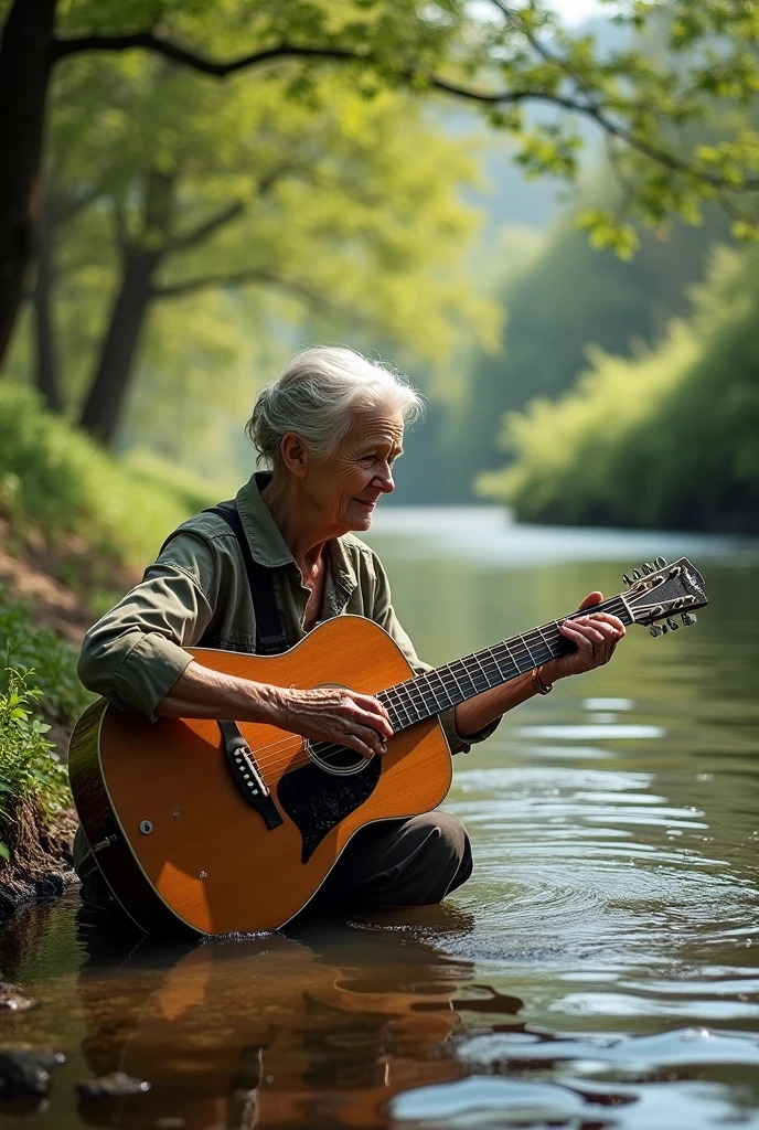 (best quality, masterpiece, ultra detailed, ultra high res, photorealistic, raw photo, absurdres, absolutely resolution), Grandma washing a guitar in the river