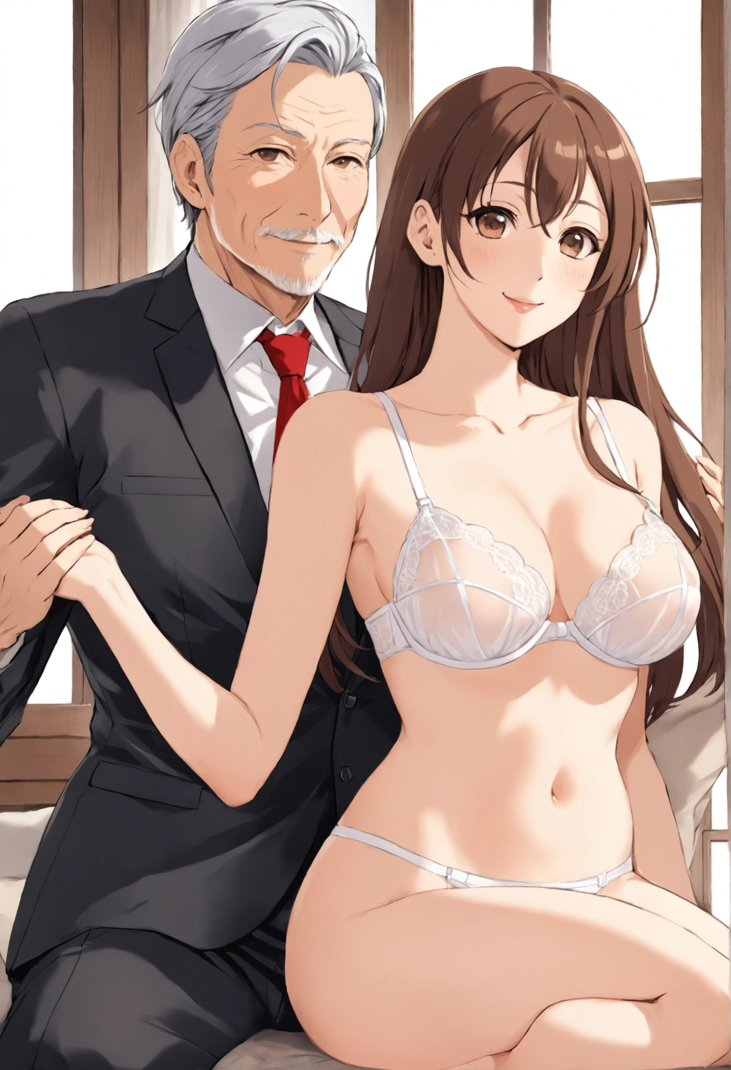 score_9, score_8_up, score_7_up, source_アニメ, 1male, 1girl, mature female，beautiful housewife, woman and husband, Skinny old male，old bold、 be man，Triangle, smile, looking at viewer, The mother is sitting, man is clinging on the female, white transparent clothes，tiny bra, from behind, (focus on her hips)