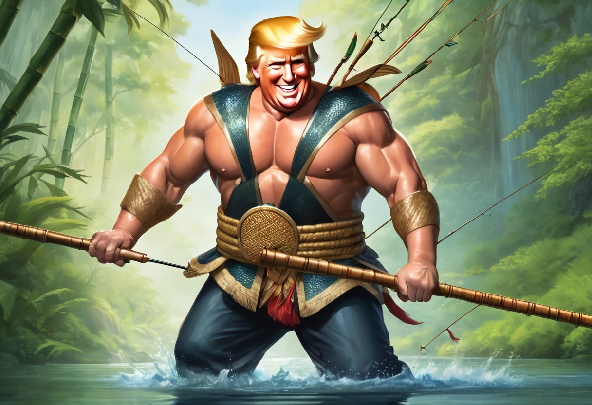 Donald Trump (bandage on one ear, happy grin, muscular, conan outfit) is fishing with a bamboo fishing rod, he is bringing in a large fish that is thrashing, forest pond

