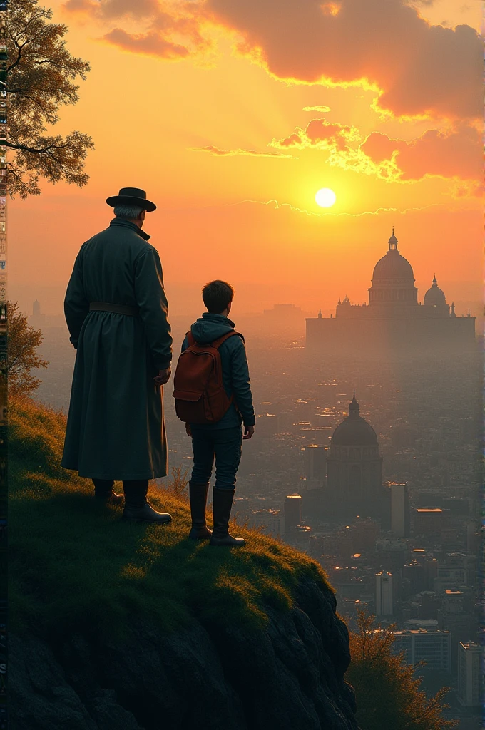 6 The architect and his apprentice are standing on top of a hill, looking out at the city. The evening light bathes the city in golden hues, and the shadows of the buildings lengthen, creating a play of light and shadows referencing the Baroque era
