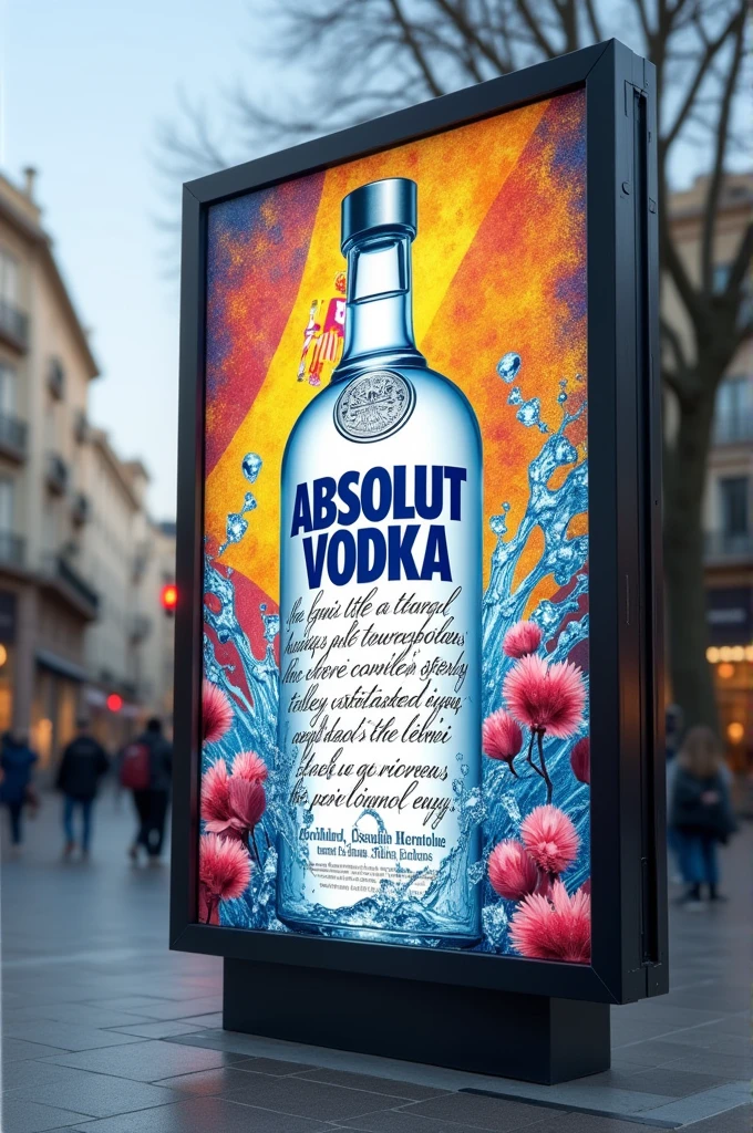 I want a design for a street billboard for the brand Absolut Vodka. feature the Absolut Vodka bottle as the central element, positioned in the foreground. The background should incorporate elements that represent Spain, artistically combined with Absolut’s modern and minimalist style. The design should convey elegance, freshness, and a cultural touch, while keeping the focus on the bottle. I need it more creative, like those ads where you play with the billboard to make a funny ad.