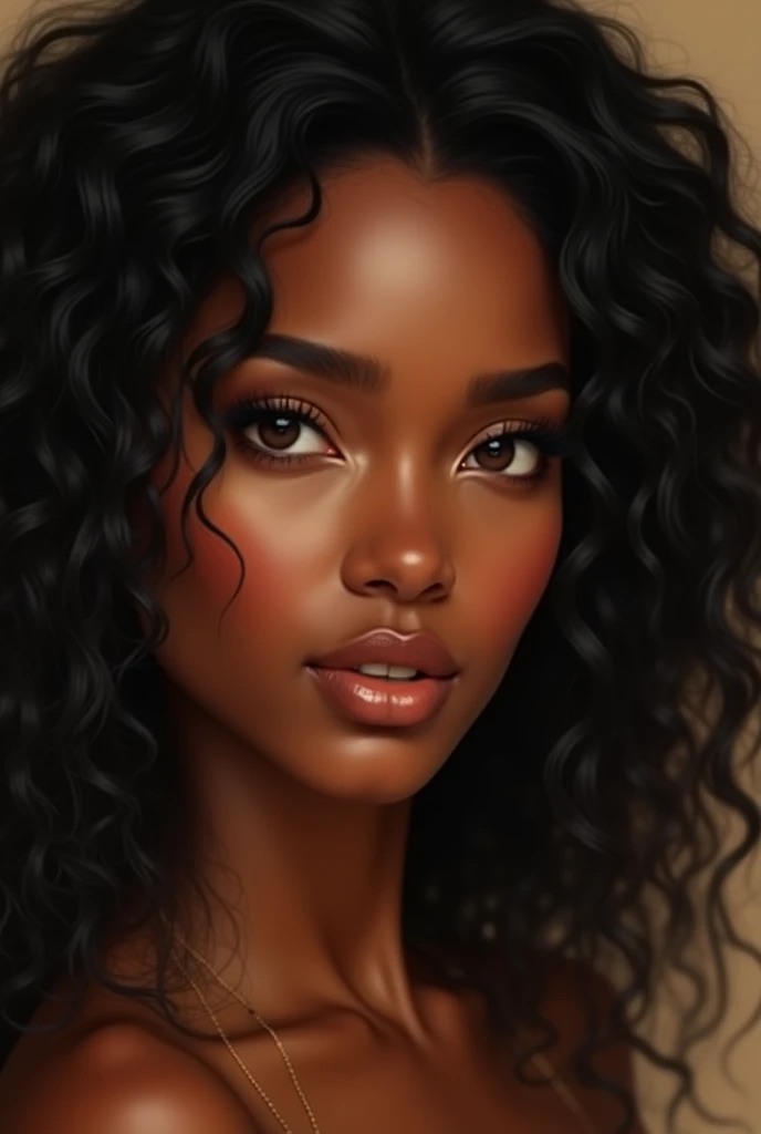 Une belle femme réaliste couleur marron caramel au cheveux type 4c long frisé noir qui a un regard hypnotique