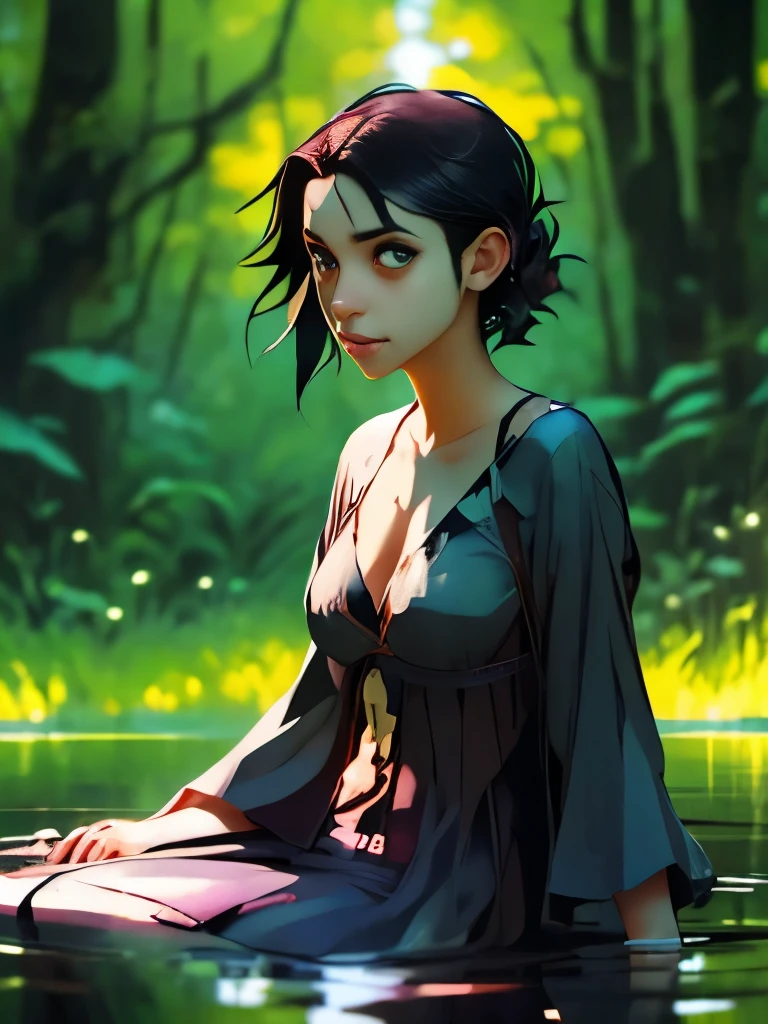 arafed woman sitting in the grass by a body of water, overgrowth. by makoto shinkai, with haunted eyes and dark hair, jeffrey jones, by loish, hauntingly beautiful art, eerie art style, ( ( ( horror art ) ) ), eerie and grim art style, dark illustration, pale young ghost girl, john watkiss