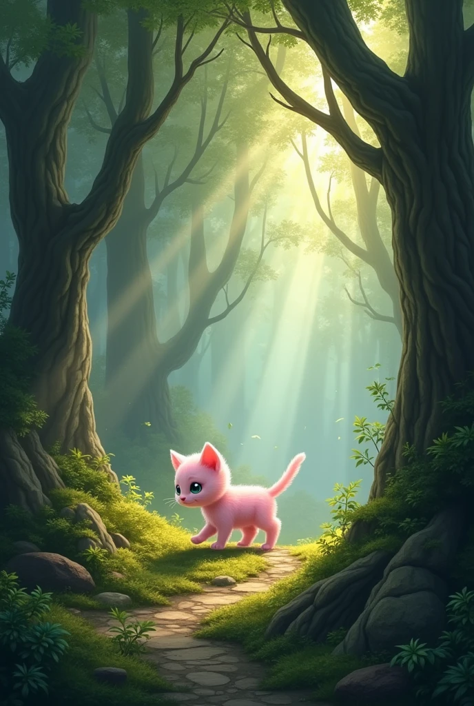 The Birth of the Pink Cat .The Mysterious Forest, The kitten enters a dense, mysterious forest. The trees are tall and ancient, their branches weaving a thick canopy overhead. The light is dim, and the air is filled with the scent of moss and earth. She navigates the winding paths, her senses alert as she explores this new, unfamiliar world.