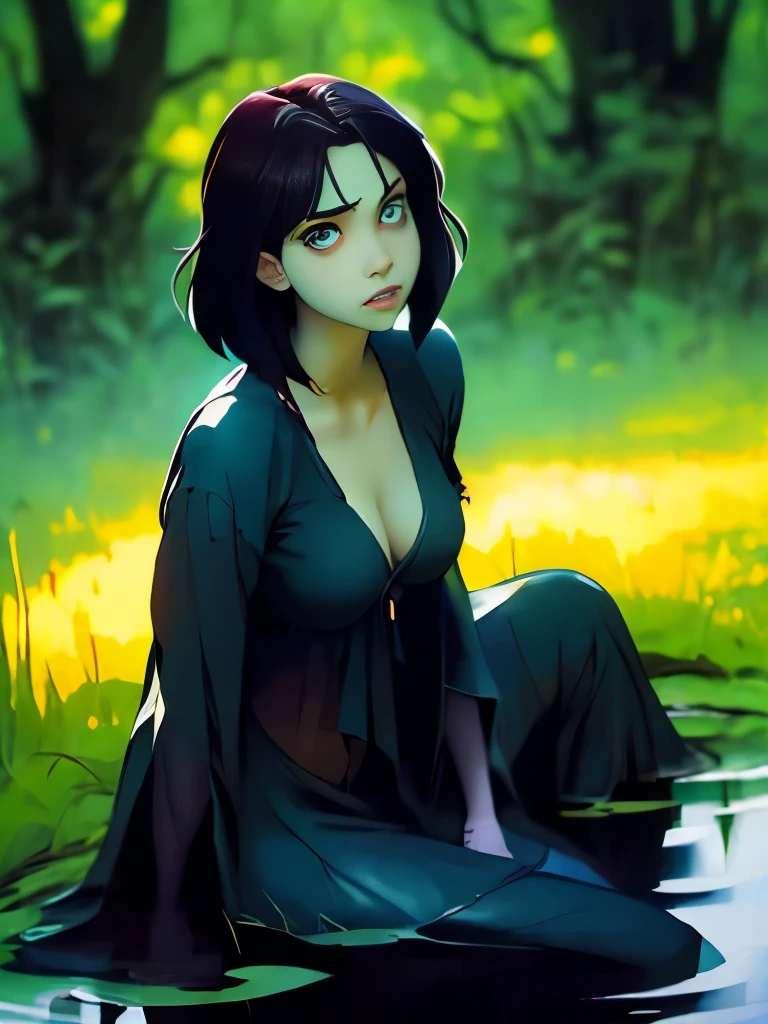arafed woman sitting in the grass by a body of water, overgrowth. by makoto shinkai, with haunted eyes and dark hair, jeffrey jones, by loish, hauntingly beautiful art, eerie art style, ( ( ( horror art ) ) ), eerie and grim art style, dark illustration, pale young ghost girl, john watkiss