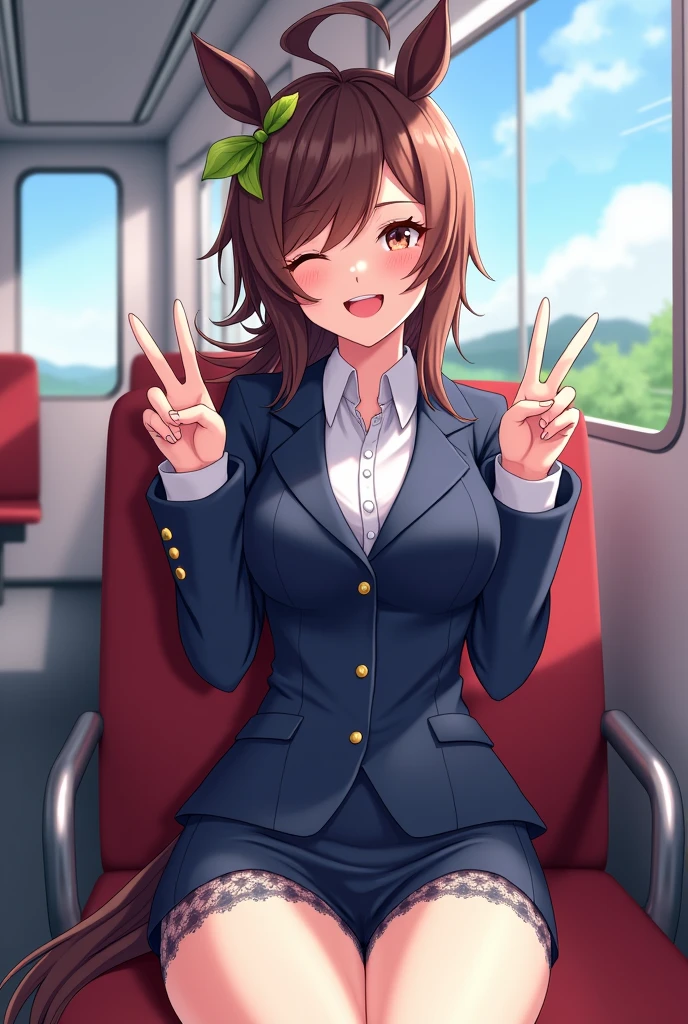 Yuki、Beautiful、smile、Horse tail、Sitting in a train seat、Double peace、Horse tail、Love、Fork、Navy blue recruit suit、tight miniskirt、(from the front)lace underwear、sneakers