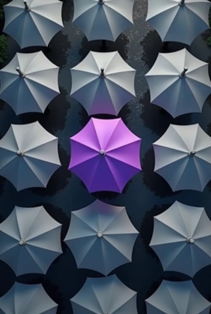 several gray umbrellas seen from above and a purple one in the middle of them, standing out one from the other