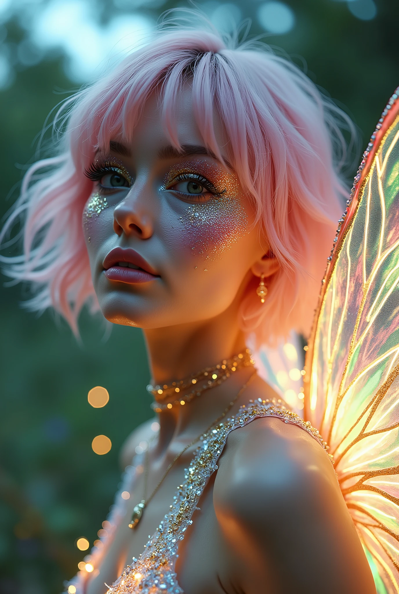 The image depicts a person with a fantastical, ethereal appearance, resembling a fairy or a magical being. They have short, pastel pink hair with soft waves, and their face is adorned with elaborate makeup. The makeup features glittering, jewel-like embellishments around the eyes and cheeks, with a combination of pink, green, and gold tones, giving a sparkling and mystical effect. The person is wearing an outfit that is equally elaborate and shimmering. The clothing is covered in sequins, glitter, and other embellishments that catch the light, making the entire ensemble sparkle. They have translucent, butterfly-like wings that glow with colorful lights, adding to the enchanting, otherworldly feel of the scene. In the background, the lighting suggests an outdoor setting, possibly at dusk or dawn, with soft, out-of-focus lights that enhance the dreamy, magical atmosphere. The overall impression is one of fantasy and whimsy, with a strong emphasis on light, color, and sparkle