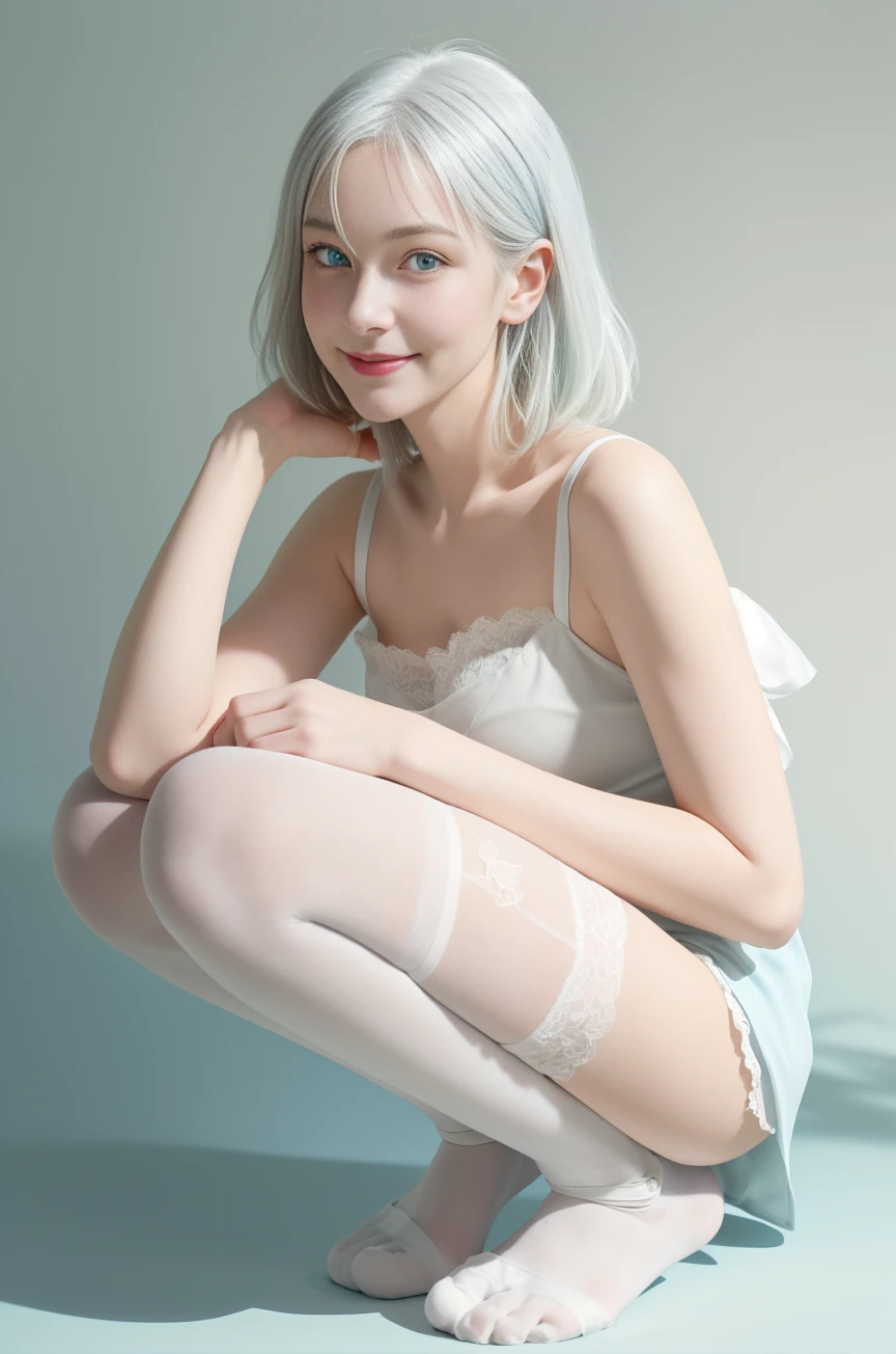,(One girl), (Young girl), (Cat girl), (maid), (white hair), (light greenish blue eye), (seductive smile), (blush on face), (delicate and weak), (happy), (white stockings), (very cute), (squat down), (white and slender hands), (luxurious hall), (all over), (shadow), (looking up from the front), (sexy), (high altitude perspective), (head tilt five degrees), (dull hair on head), detailed illustration, intricate background, soft lighting, elegant composition,