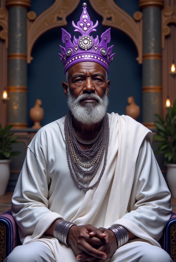 Obbatala Elder African gentleman dressed in a white tunic and purple sparkles with African necklaces and a purple crown with silver bracelets