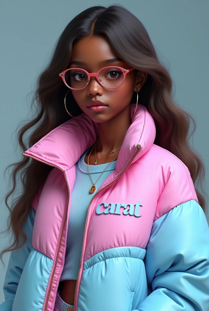 Dark skinned teenage girl with long brown hair and glasses wearing a half light blue half pastel pink jacket that says CARAT