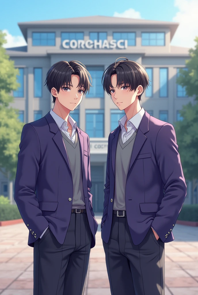 Create a realistic image showing two young adults, Jimin e Jungkook, both 2, standing side by side in front of a school. They are wearing school uniforms in violet and gray colors.. Jimin's uniform is tidy, with the shirt tucked into the pants, while Jungkook has his uniform shirt partially untucked, giving a more casual look. The school in the background has a modern style., with large windows and a visible main entrance. The scene is set on a clear day, with soft natural light.
The image should capture the essence of Jimin and Jungkook, with attention to facial details, hairstyles and characteristic style, maintaining a youthful and collegial appearance.