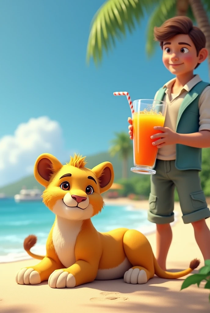 Wearing a vest，Lion cub on vacation at the beach，There is a glass of juice in hand