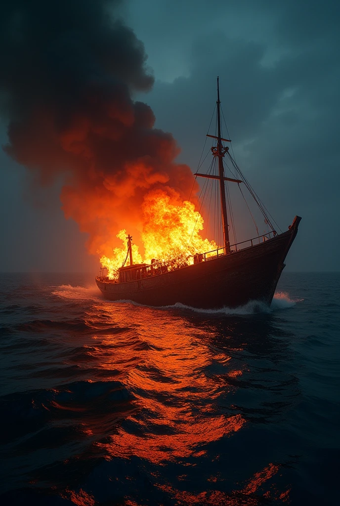 A boat engulfed in flames on the sea at night, its fiery glow reflecting in the water. The once sturdy vessel now a charred skeleton in the darkness, the flames licking at the wooden frame and billowing smoke curling into the night sky. The scene is captured in a vivid and striking photograph, each detail of the destruction vividly captured. The intensity of the flames and the eeriness of the dark waters create a truly mesmerizing and dramatic image, evoking a sense of chaos and tragedy.