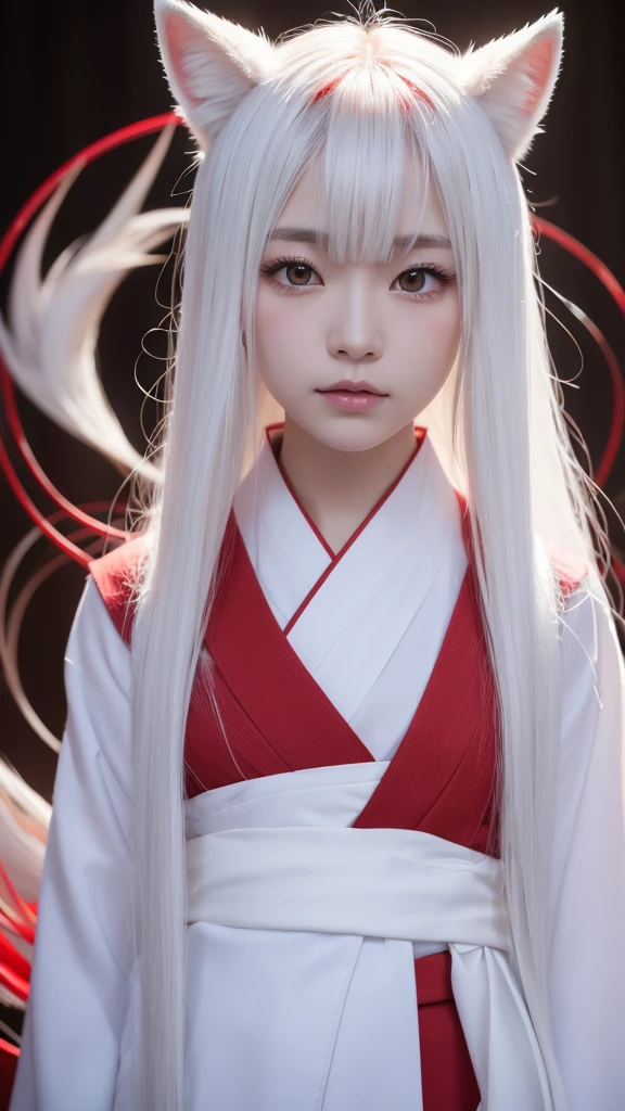 White Demon Fox、Nine-tailed Fox、Japanese women、kimono、Fair skin、Red lines on face、8K、I have long hair