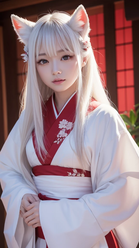 White Demon Fox、Nine-tailed Fox、Japanese women、kimono、Fair skin、Red lines on face、8K、I have long hair
