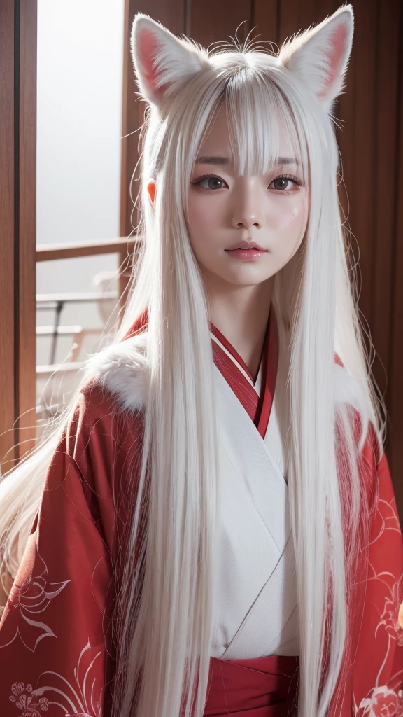 White Demon Fox、Nine-tailed Fox、Japanese women、kimono、Fair skin、Red lines on face、8K、I have long hair