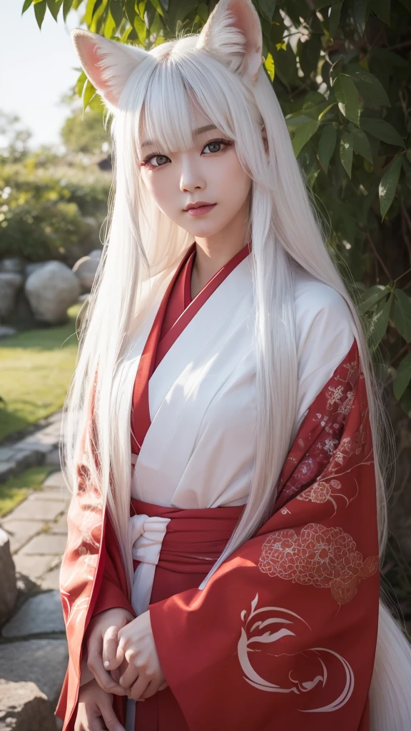 White Demon Fox、Nine-tailed Fox、Japanese women、kimono、Fair skin、Red lines on face、8K、I have long hair