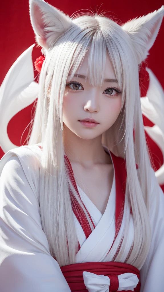 White Demon Fox、Nine-tailed Fox、Japanese women、kimono、Fair skin、Red lines on face、8K、I have long hair