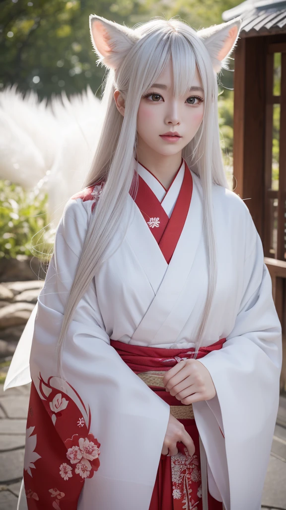 White Demon Fox、Nine-tailed Fox、Japanese women、kimono、Fair skin、Red lines on face、8K、I have long hair