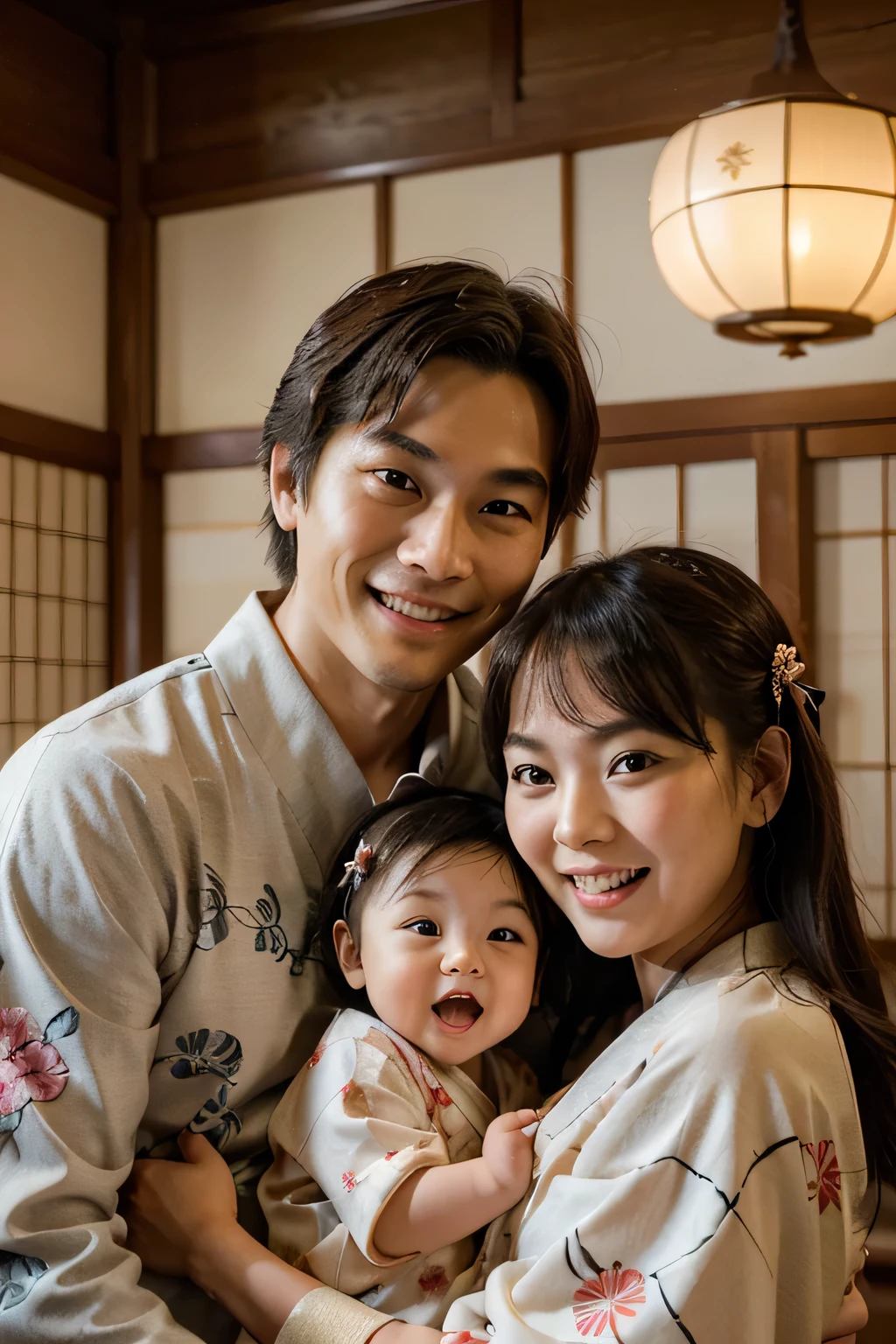 "A joyful family portrait featuring a young Japanese couple dressed in traditional kimonos, alongside their adorable baby. The father and mother, with wide, exaggerated expressions of surprise and delight, are leaning in close to the camera, showcasing their playful and energetic personalities. The baby, positioned between them, is wearing a miniature kimono with intricate designs and is mimicking the same surprised expression with wide eyes and puffed cheeks. The setting is a cozy, well-lit traditional Japanese room, with soft, warm lighting that enhances the family's joyful and humorous moment. The atmosphere is full of warmth, laughter, and cultural heritage."
