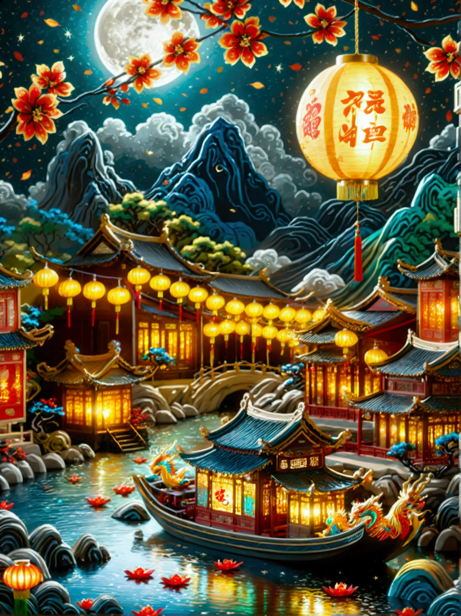 (3D Art，3D Style), 一个Full of tranquility的迷人夜景，Starry Sky，(Mid-Autumn Festival:1.5)，Macro lens，desktop，Mini mooncakes，Miniature villains，osmanthus tree，A little person sawing a mooncake，Transporting mooncakes，Half mooncakes with flowing filling，The moon hangs in the sky，desktop散落桂花瓣，Colorful mountains and rivers，蜿蜒的river，Small boat，There is a path on the mountain，There is a small house，(Aesthetics and aesthetics:1.2)，Solid color background，miniature photography，Chinese ancient architectural landscape，Chinese landscape painting，Creamy organic fluid，theme，(C4D，OC Rendering)，Natural light，river，Fall，Small pavilion on the mountain，The silver moon shone softly on them，The sky spreads out like velvet dipped in ink，Dotted with countless twinkling stars，These stars look like celestial gems scattered across the vast canvas of the universe.，The air around them is fresh，Full of tranquility，Filled with the quiet intimacy of their shared time，Their surroundings are bathed in the soft glow of the stars and the moon.，Providing just enough light to illuminate their faces and the intricate details around them，Create a dreamy、Almost surreal atmosphere，((((8k，Bright colors，Bright，Ultra high saturation，RGB color, Colorful))))，(High contrast:1.5)，(whole body:1.8), magazine photography，Popular on social platforms，((Dopamineism))，(((Dopamine color matching)))，Dopamine，(in the style of Y2K)，Luo Erchun，Three-dimensional ancient style，Oriental poetry and painting