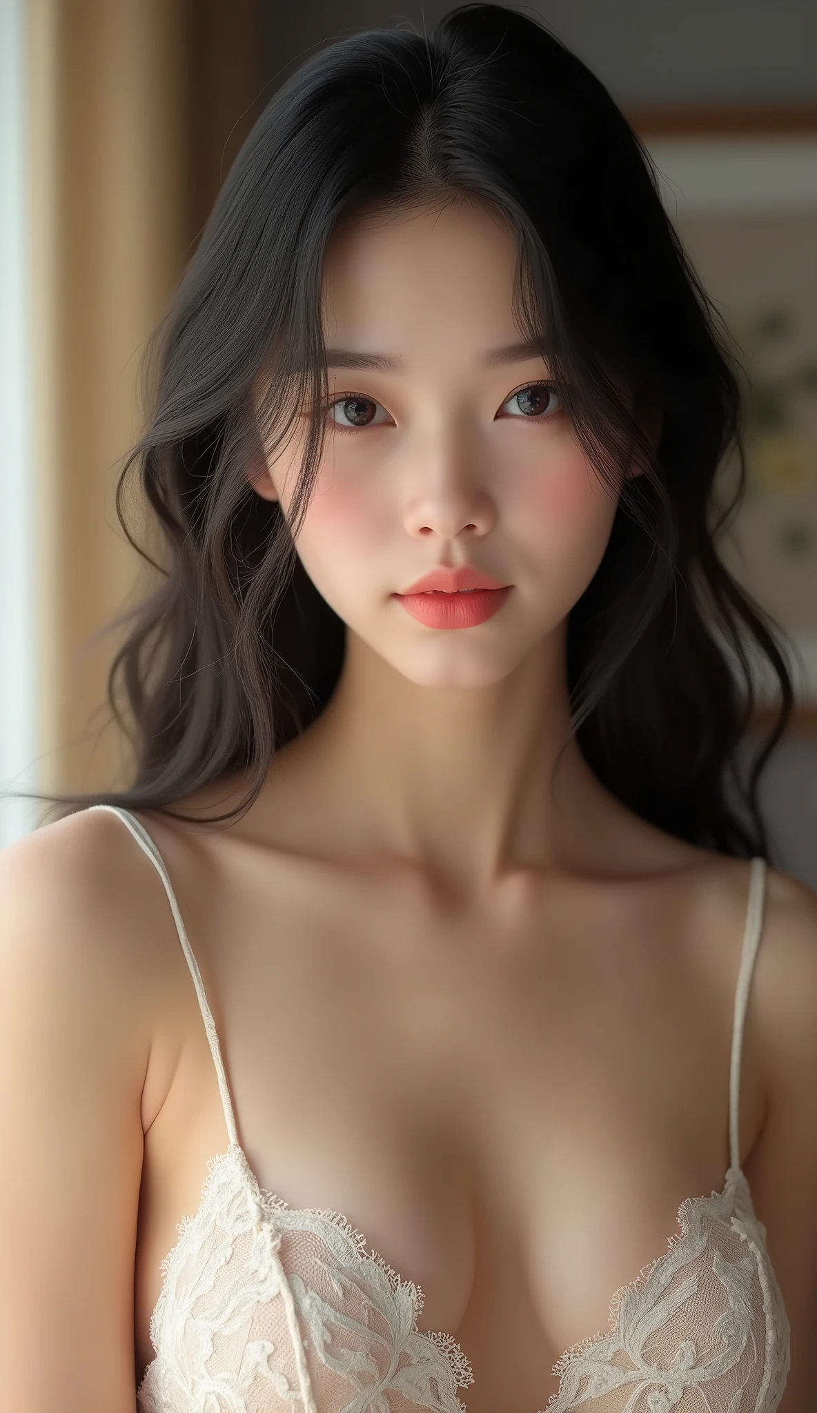 beautiful breasts, (cleavage), (ung girl), Black hair, 18yo, brown eyes, fair skin, sweet girl, cute idol, beautiful girl with beautiful details, (shiny pink lips:1.3), extremely detailed eye and face, (See-through lace costume with cute details and wide open breasts), Bare shoulders, (Bare chest, areola, nipples:1.35), Realistic, extremely detailed CG unified 8k wallpaper, ighly detailed, High-definition raw color photos, professional photograpy, Realistic portrait, Cinematic Light, Beautiful detailed, (Realistic skin:1.2), (Best Quality:1.4), Super Detail, High quality, Indoor, depth of fields, 
