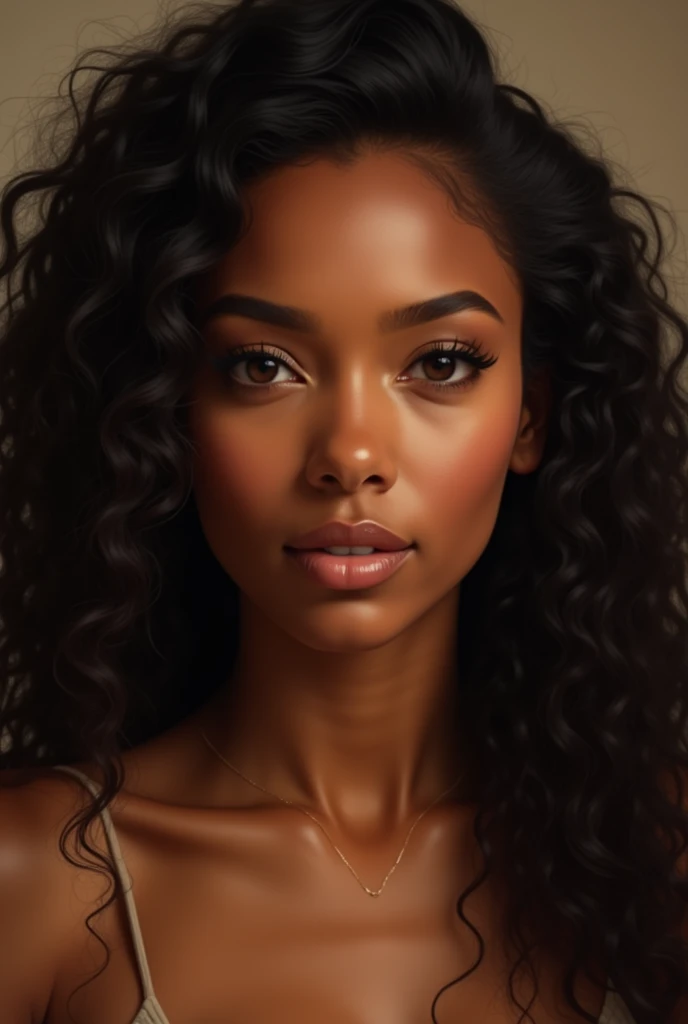 Une belle femme réaliste couleur marron caramel au cheveux type 4c long frisé ???? qui a un regard hypnotique 
