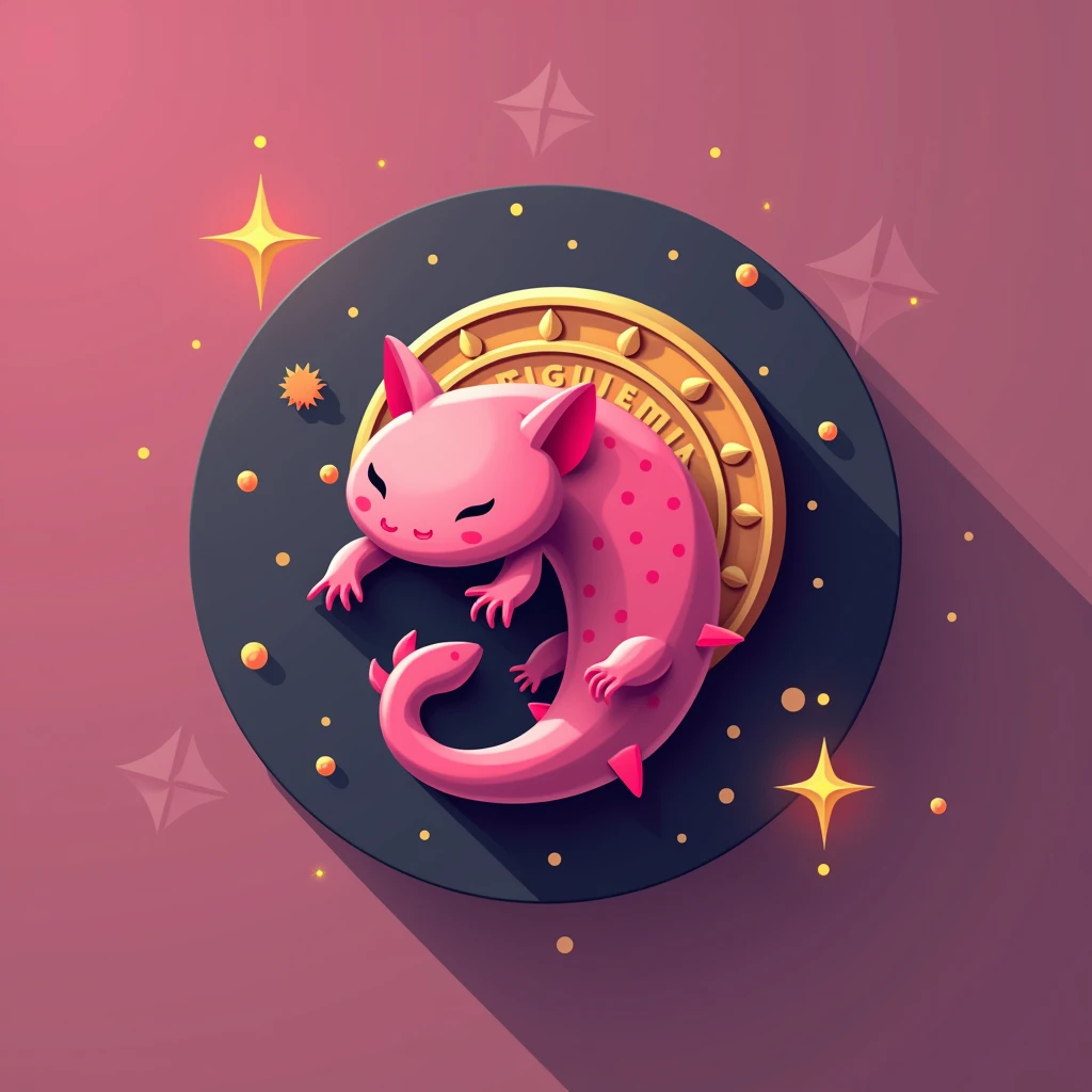 A minimalist logo design featuring a stylized pink axolotl as the symbol of Pejecoin, clean lines with a modern, tech-inspired aesthetic, the axolotl’s body forming a coin shape with subtle crypto-themed details, rendered in a bold and contrasting color scheme with shades of pink and gold