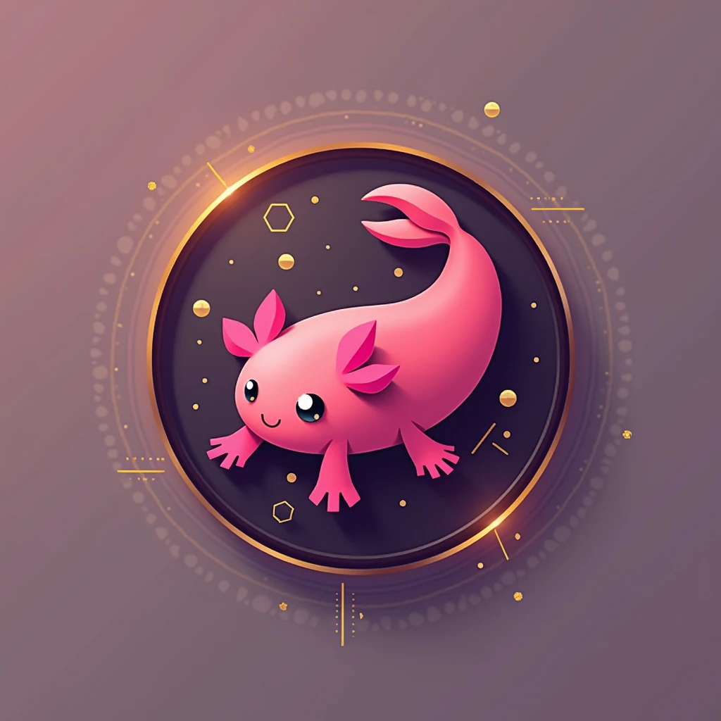 A minimalist logo design featuring a stylized pink axolotl as the symbol of Pejecoin, clean lines with a modern, tech-inspired aesthetic, the axolotl’s body forming a coin shape with subtle crypto-themed details, rendered in a bold and contrasting color scheme with shades of pink and gold