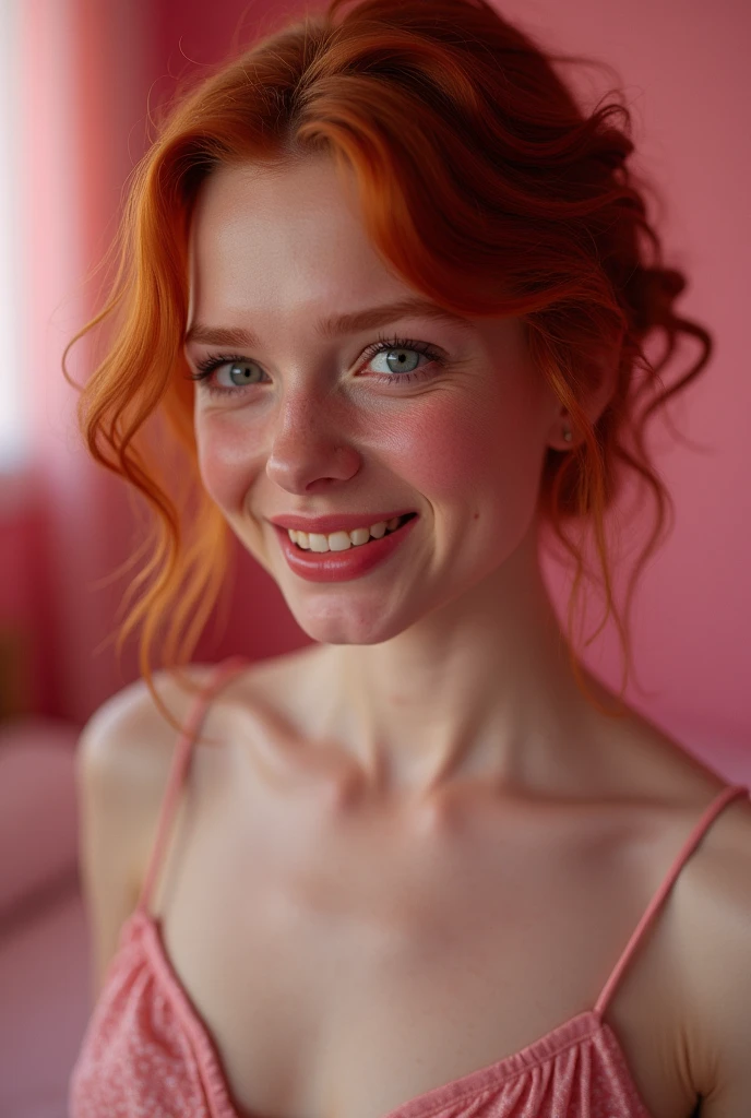 (8k, Raw photo, Best quality, masterpiece: 1.2), masterpiece, super detailing,Best Lighting, (Realistic and realistic photos: 1.4), high-definition RAW color photography, highly detail mouth,1 girl, ((Sadie Sink)), midriff baring,background blur, blush, depth of fields, hair between eye,Short hair,(oiled skin:1.5,shiny skin),((full body)), embarrassed,fake smile:1.3, redhead hair,teeth,at pink bedroom