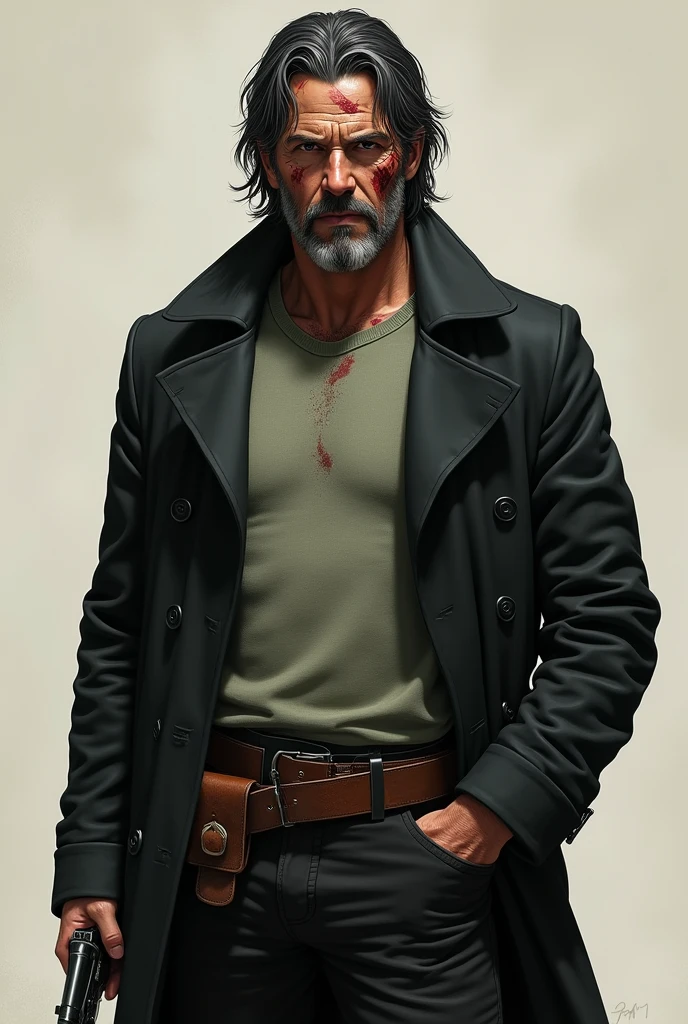 His name is Tom, he has a 1,81 a scar From the chest to the shoulder on the left side, and three shots in the back near the spine, he wears a black overcoat down to his knees, and a light green woolen t-shirt under the overcoat, and black pants, her hair is shoulder length and black with some gray strands, his eyes are black and he has deep circles under his eyes,
He is 82 kilos and 4., always carries a Colt revolver, with the brown holster on the right hip, He smokes a lot but has a fit body and does what needs to be done to protect those he loves..