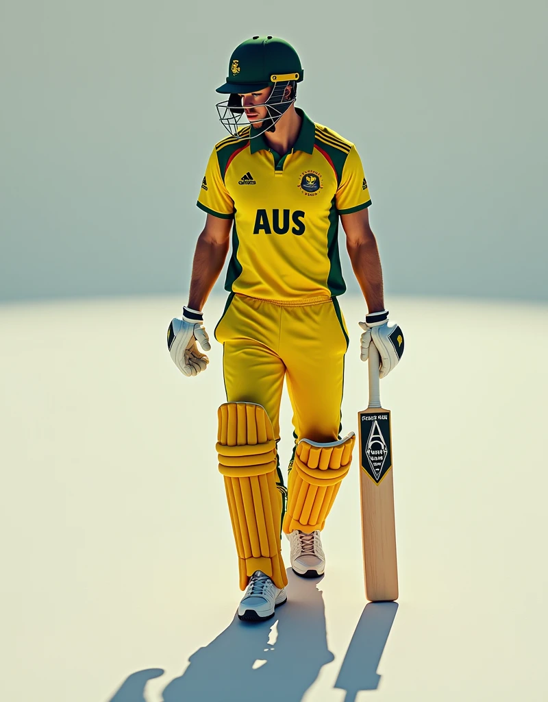 Give me a yellow jersey with AUS written on it. Wearing white sneakers. Cricket player holding a cricket bat in both hands. Sideways position.,顶光drop shadow, anaglyph, stereogram, tachi-e, ass pov, atmospheric perspective, 8k, super detail, best quality waiting to start