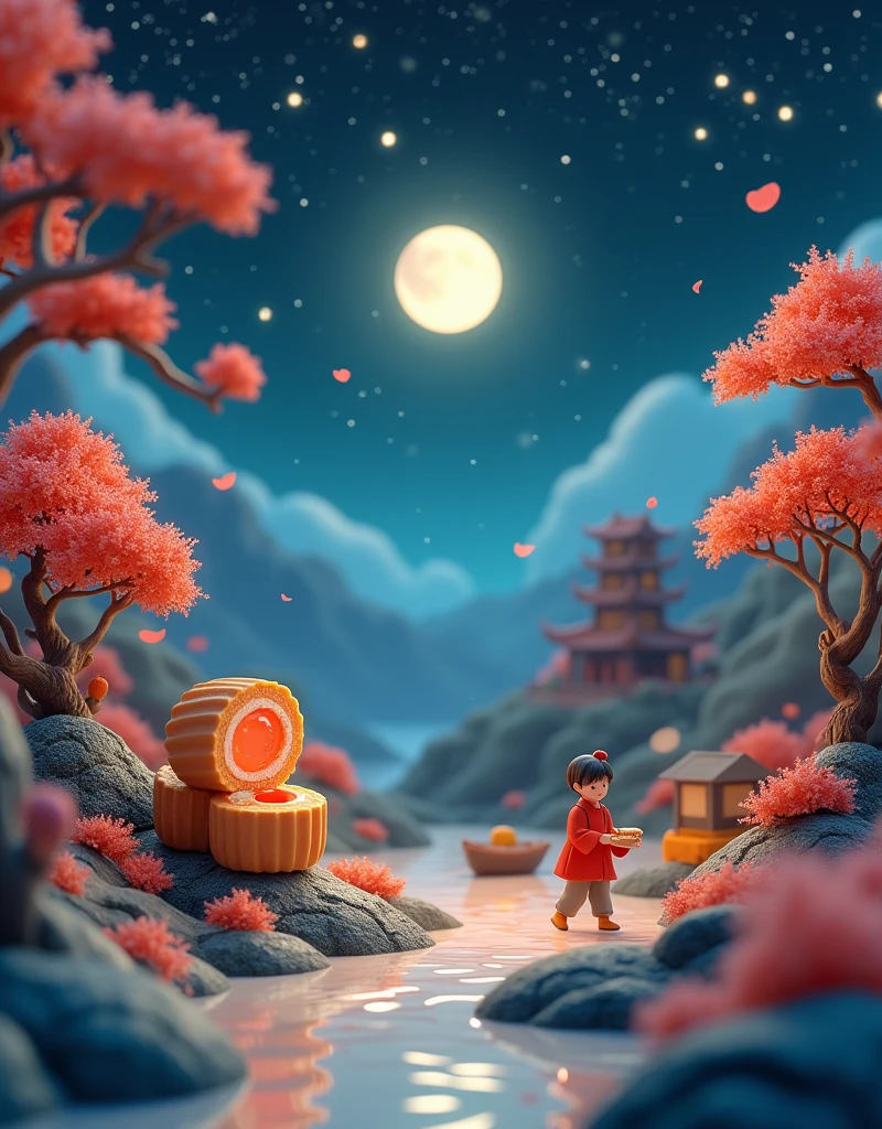 (3D Art,3D Style), 一个Full of tranquility的迷人夜景,Starry Sky,(Mid-Autumn Festival:1.5),Macro lens,desktop,Mini mooncakes,Miniature villains,osmanthus tree,A little person sawing a mooncake,Transporting mooncakes,Half mooncakes with flowing filling,The moon hangs in the sky,desktop散落桂花瓣,Colorful mountains and rivers,蜿蜒的river,Small boat,There is a path on the mountain,There is a small house,(Aesthetics and aesthetics:1.2),Solid color background,miniature photography,Chinese ancient architectural landscape,Chinese landscape painting,Creamy organic fluid,theme,(C4D,OC Rendering),Natural light,river,Fall,Small pavilion on the mountain,The silver moon shone softly on them,The sky spreads out like velvet dipped in ink,Dotted with countless twinkling stars,These stars look like celestial gems scattered across the vast canvas of the universe.,The air around them is fresh,Full of tranquility,Filled with the quiet intimacy of their shared time,Their surroundings are bathed in the soft glow of the stars and the moon.,Providing just enough light to illuminate their faces and the intricate details around them,Create a dreamy、Almost surreal atmosphere,((((8k,Bright colors,Bright,Ultra high saturation,RGB color, Colorful)))),(High contrast:1.5),(whole body:1.8), magazine photography,Popular on social platforms,((Dopamineism)),(((Dopamine color matching))),Dopamine,(in the style of Y2K),Luo Erchun,Three-dimensional ancient style,Oriental poetry and painting