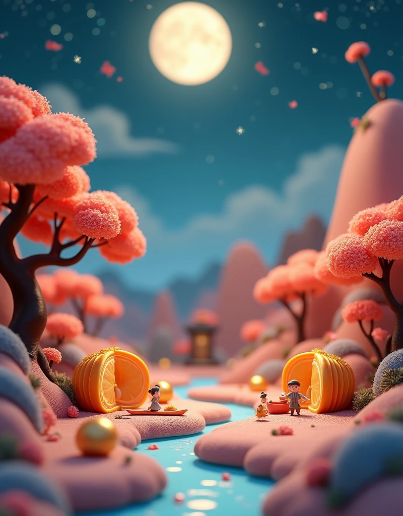 (3D Art，3D Style), 一个Full of tranquility的迷人夜景，Starry Sky，(Mid-Autumn Festival:1.5)，Macro lens，desktop，Mini mooncakes，Miniature villains，osmanthus tree，A little person sawing a mooncake，Transporting mooncakes，Half mooncakes with flowing filling，The moon hangs in the sky，desktop散落桂花瓣，Colorful mountains and rivers，蜿蜒的river，Small boat，There is a path on the mountain，There is a small house，(Aesthetics and aesthetics:1.2)，Solid color background，miniature photography，Chinese ancient architectural landscape，Chinese landscape painting，Creamy organic fluid，theme，(C4D，OC Rendering)，Natural light，river，Fall，Small pavilion on the mountain，The silver moon shone softly on them，The sky spreads out like velvet dipped in ink，Dotted with countless twinkling stars，These stars look like celestial gems scattered across the vast canvas of the universe.，The air around them is fresh，Full of tranquility，Filled with the quiet intimacy of their shared time，Their surroundings are bathed in the soft glow of the stars and the moon.，Providing just enough light to illuminate their faces and the intricate details around them，Create a dreamy、Almost surreal atmosphere，((((8k，Bright colors，Bright，Ultra high saturation，RGB color, Colorful))))，(High contrast:1.5)，(whole body:1.8), magazine photography，Popular on social platforms，((Dopamineism))，(((Dopamine color matching)))，Dopamine，(in the style of Y2K)，Luo Erchun，Three-dimensional ancient style，Oriental poetry and painting