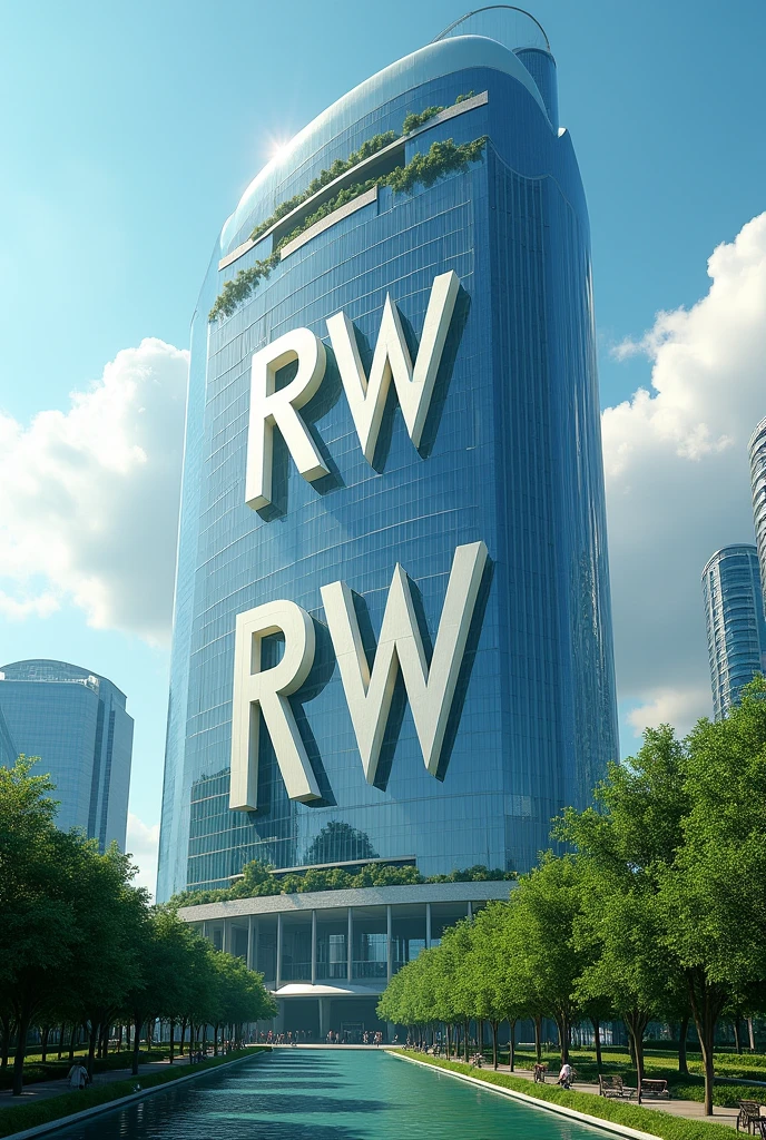 I want an animated image of a company that is a large, very large building with the letters RW, and that it has green areas.  And the company stands out or is more visible in the image 