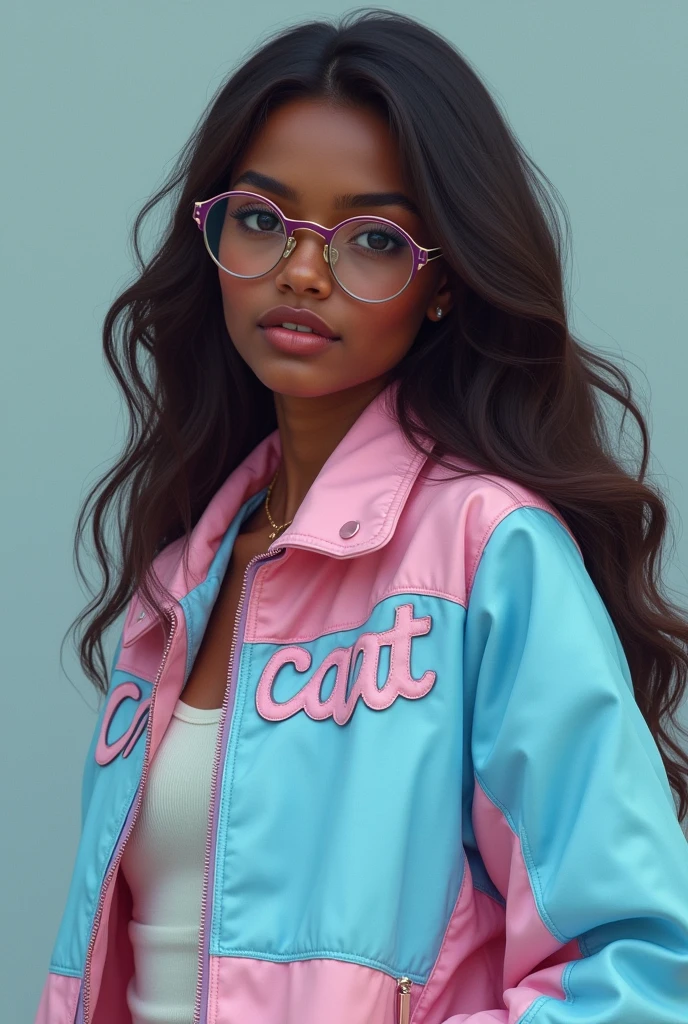 Dark skinned age girl with long brown hair and glasses wearing a half light blue half pastel pink jacket that says CARAT