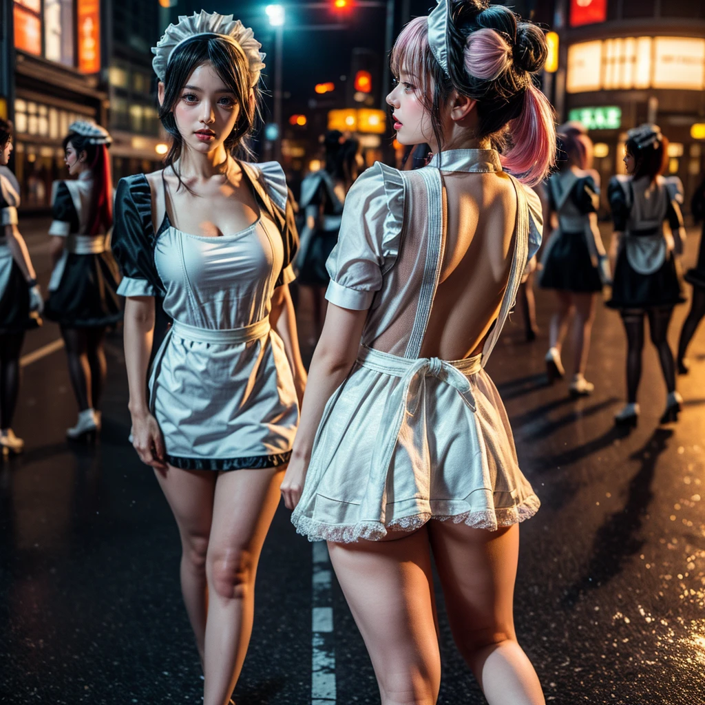 (Extremely Detailed(( Sexy Maid Group in a row:1.37))), KAWAII perfect face, Reflective Eyes, Detailed(Delicate Clothing textures), Correct graceful legs, Dynamic Joyful Expressions LifeLike Rendering, Specular Reflection, TopQuality 8K Ultra-detailed masterpiece (ProfessionalPhoto:1.37), (Acutance:0.8), (Luminism:1.28), ((Shibuya Scramble Crossing)), (Colorful Light particles), ((Full body from side)) {MicroMini Skirt|Kissing Face to Face|Thigh Gap|Cute Peach AssFocus|(NakedApron with SideBoob)}, Radiant Fine Skin with Transparency, {Pink Hair|LightBlue Hair|Pure White Hair|Blonde|Liquid Hair|Red HighHeels}, Perfect Lighting, {Huge screen Showing them|Dynamic Angle}