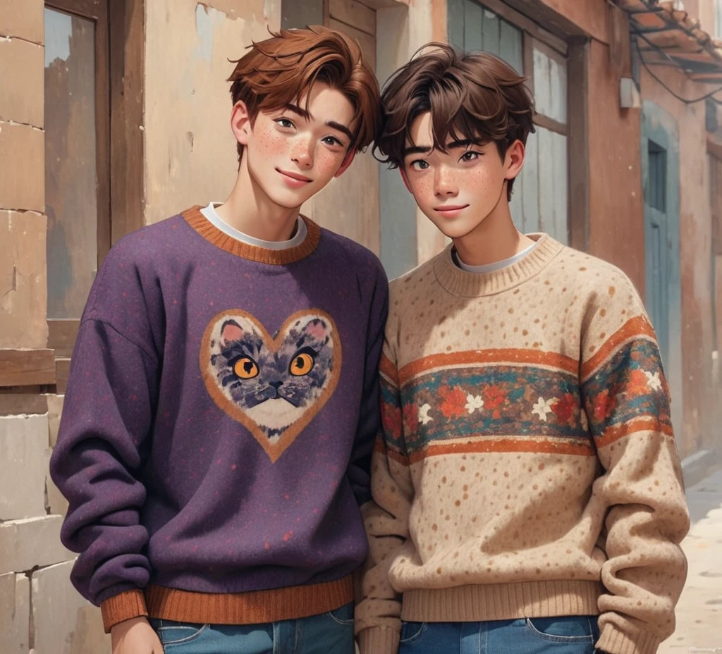 Boy friends having fun brown hair one cool handsome with freckles and the other cute and shy cozy background