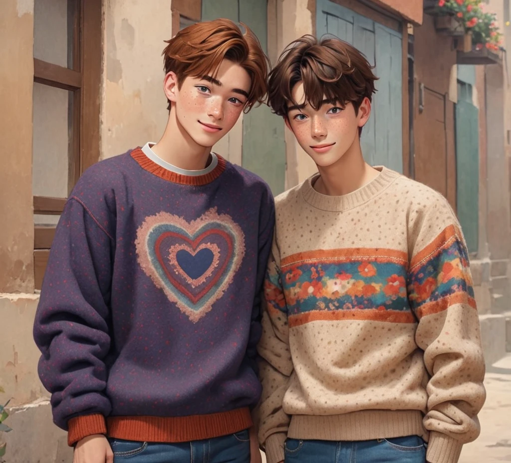 Boy friends having fun brown hair one cool handsome with freckles and the other cute and shy cozy background