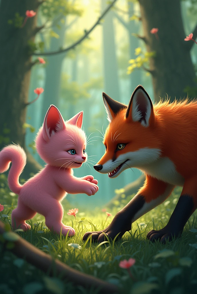 The Birth of the Pink Cat .Battle with the Fox, In the heart of the forest, the pink kitten encounters a sly, red fox. The fox sees her as easy prey, but she stands her ground, her fur bristling and claws unsheathed. A fierce battle ensues, but the kitten, driven by survival instincts, manages to outwit the fox and escape unharmed, learning the value of courage.