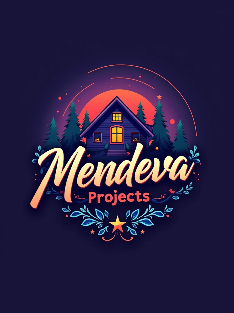 A-catching logo illustration for "Mendeva Projects" a professional REMODELING HOME service. The logo HOME astyli, signifying . The name "MENDEVA PROJECTS" is written in bold, elegant cursive font, with "REMODELING HOME" below in a complementary serif font. The overall design is vibrant and full of color, PURPLE BLUE AND READ with a sense of luxury and sophistication. The logo exudes positivity and confidence in its ability to provide top-quality REMODELING HOME services. -process