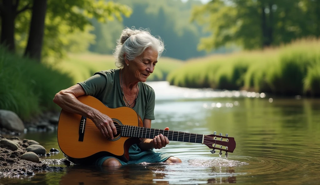 (best quality, masterpiece, ultra detailed, ultra high res, photorealistic, raw photo, absurdres, absolutely resolution), Grandma washing a guitar in the river