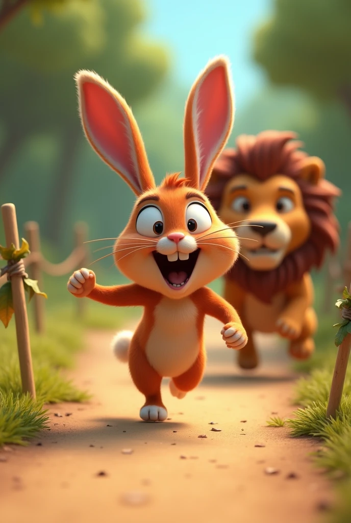 In 3d animation style’
4. The Rabbit Winning the Race: The rabbit, with a joyful expression, crosses the finish line, which is marked by two sticks with leaves tied between them. The lion is seen in the background, realizing he’s lost the race.