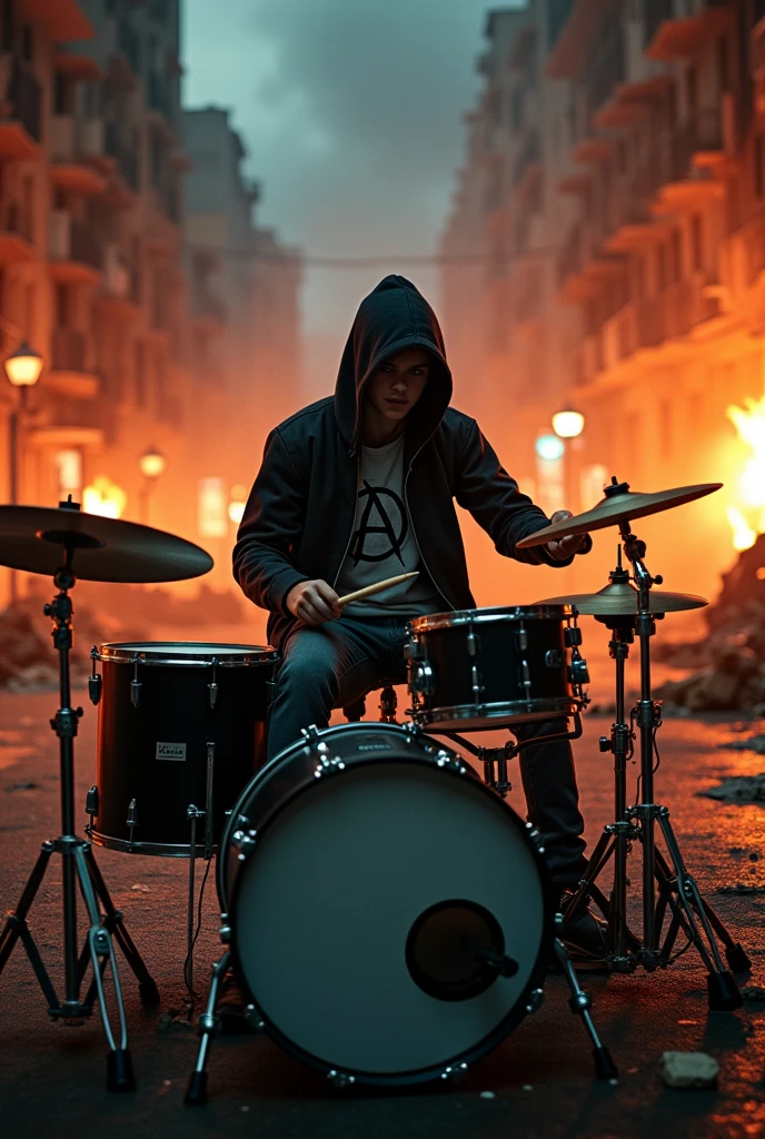 Drummer dressed in a hoodie, blouse with anarchy symbol print, playing on his complete two-tone drum kit in black, in the street of the city destroyed by war and in flames at night bodies of dead soldiers lying on the ground, smoke 