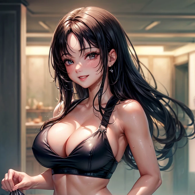 (Highest quality, masterpiece: 1.3), : 1, sexy: 1.5, Tifa Lockhart　(Wet body: 1.2), Nightgown, beautiful, Cleavage, Ultra detailed face, Detailed lips, Detailed eyes, double eyelid, sexy, smile, 　attractive vagina　A penis grows out of the vagina　Having sex　Big penis