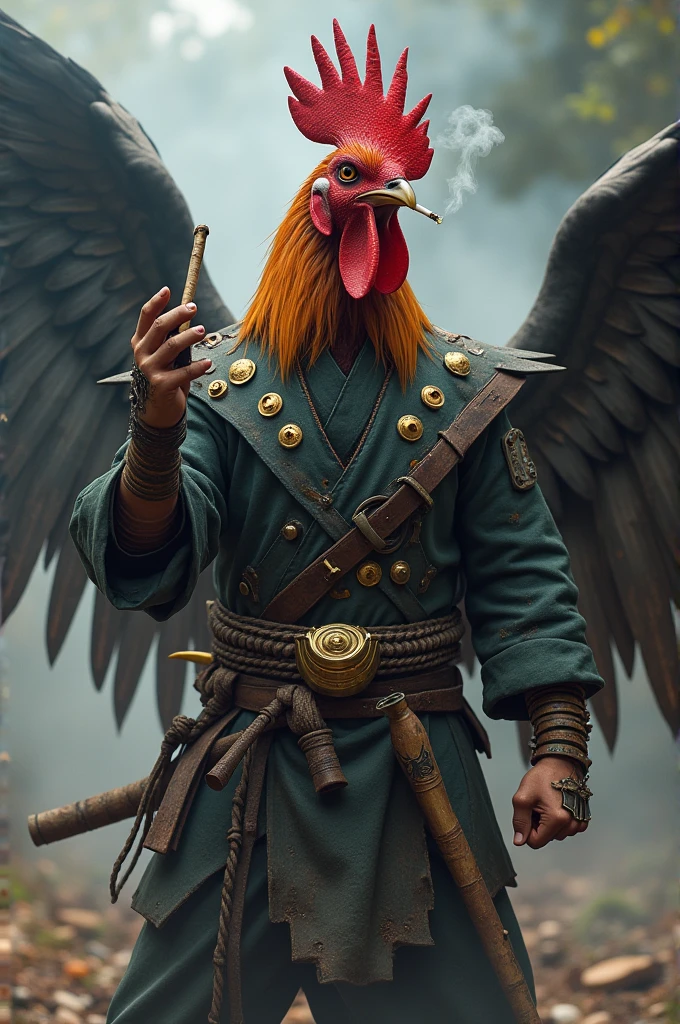 A rooster with tactile, razor-sharp wings in a fighting pose, with ninja clothes and golden peak, smoking an oriental pipe, surrounded by smoke, of smoke bombs
